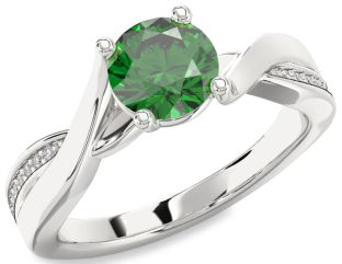 Diamond Emerald Platinum Round Solitaire Engagement Ring