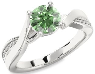 Green Diamond Silver Round Solitaire Engagement Ring