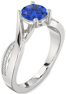 Diamond Blue Sapphire Silver Round Solitaire Engagement Ring