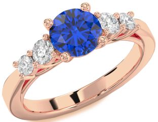 Diamond Blue Sapphire Rose Gold Round Engagement Ring