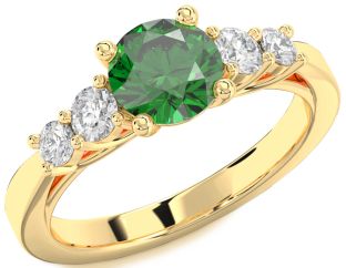 Diamond Emerald Gold Round Solitaire Engagement Ring