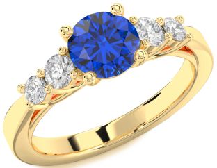 Diamond Blue Sapphire Gold Round Solitaire Engagement Ring