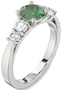 Diamond Emerald Platinum Round Engagement Ring