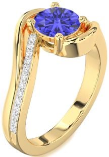Diamond Blue Sapphire Gold Round Solitaire Engagement Ring