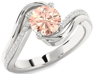 Diamond Morganite Silver Round Solitaire Engagement Ring