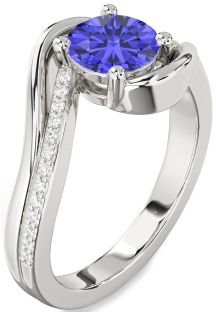 Diamond Blue Sapphire Silver Round Solitaire Engagement Ring