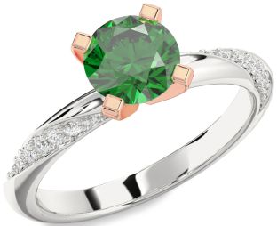 Diamond Emerald Silver & 10K Rose Gold Round Solitaire Engagement Ring