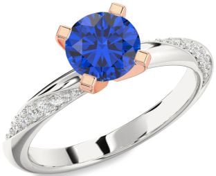 Diamond Blue Sapphire White Rose Gold Round Solitaire Engagement Ring