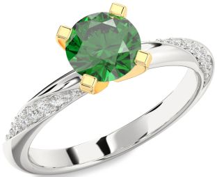 Diamond Emerald Silver & 10K gold Round Solitaire Engagement Ring