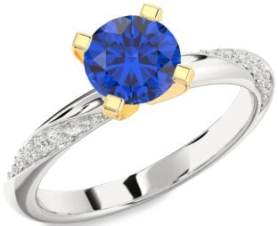 Diamond Blue Sapphire Silver & 10K gold Round Solitaire Engagement Ring
