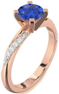 Diamond Blue Sapphire Rose Gold Round Solitaire Engagement Ring