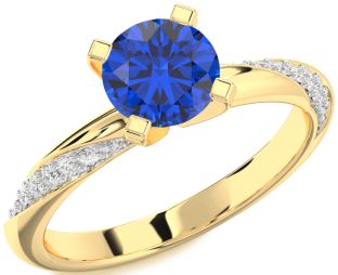 Diamond Blue Sapphire Gold Round Solitaire Engagement Ring