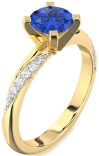 Diamond Blue Sapphire Gold Round Solitaire Engagement Ring