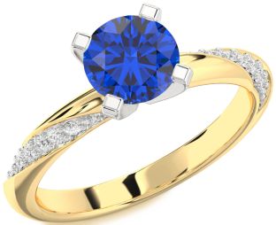Diamond Blue Sapphire Platinum & Yellow Gold Round Solitaire Engagement Ring