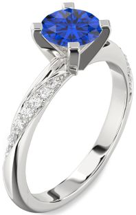 Diamond Blue Sapphire Silver Round Solitaire Engagement Ring
