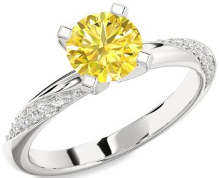 Yellow Diamond Silver Round Solitaire Engagement Ring