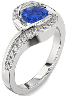 Diamond Blue Sapphire Silver Round Solitaire Engagement Ring