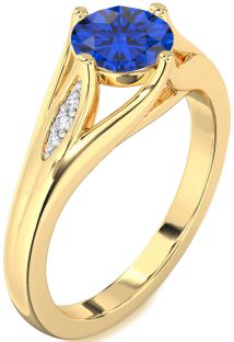 Diamond Blue Sapphire Gold Round Solitaire Engagement Ring