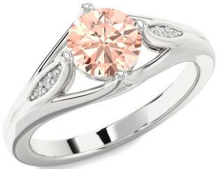 Diamond Morganite Silver Round Solitaire Engagement Ring