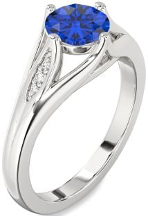 Diamond Blue Sapphire Silver Round Solitaire Engagement Ring