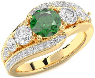 Diamond Emerald Gold Round Solitaire Engagement Ring