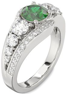 Diamond Emerald Platinum Round Engagement Ring