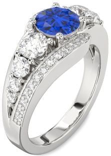 Diamond Blue Sapphire Silver Round Engagement Ring