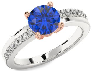 Diamond Blue Sapphire Platinum & Rose Gold Round Solitaire Engagement Ring