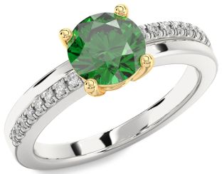 Diamond Emerald Silver & 10K gold Round Solitaire Engagement Ring