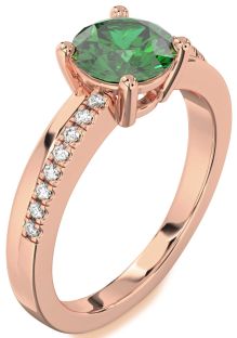Diamond Emerald Rose Gold Round Solitaire Engagement Ring