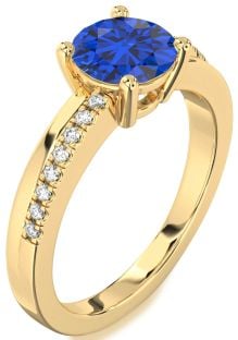Diamond Blue Sapphire Gold Round Solitaire Engagement Ring