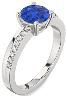 Diamond Blue Sapphire Silver Round Solitaire Engagement Ring