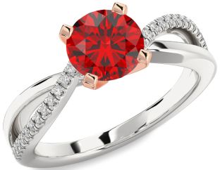 Diamond Ruby Silver & 10K Rose Gold Round Solitaire Engagement Ring