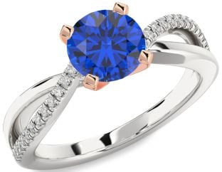 Diamond Blue Sapphire Platinum & Rose Gold Round Solitaire Engagement Ring