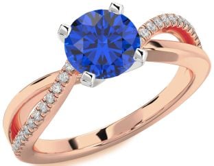 Diamond Blue Sapphire Rose Gold Silver Round Solitaire Engagement Ring