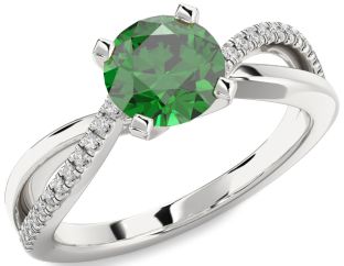 Diamond Emerald Platinum Round Solitaire Engagement Ring