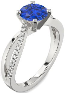Diamond Blue Sapphire Silver Round Solitaire Engagement Ring