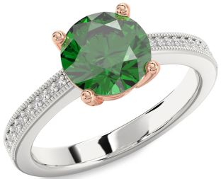 Diamond Emerald Silver & 10K Rose Gold Round Solitaire Pave Engagement Ring