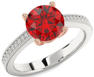 Diamond Ruby Silver & 10K Rose Gold Round Solitaire Pave Engagement Ring