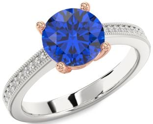 Diamond Blue Sapphire Platinum & Rose Gold Round Vintage Pave Engagement Ring