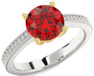 Diamond Ruby Silver & 10K gold Round Solitaire Pave Engagement Ring