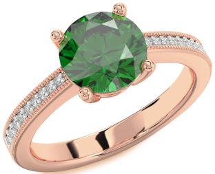 Diamond Emerald Rose Gold Round Solitaire Pave Engagement Ring