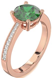 Diamond Emerald Rose Gold Round Vintage Pave Engagement Ring