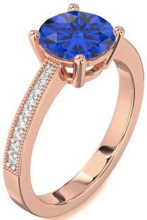 Diamond Blue Sapphire Rose Gold Round Vintage Pave Engagement Ring