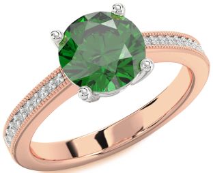 Diamond Emerald White Rose Gold Round Solitaire Pave Engagement Ring