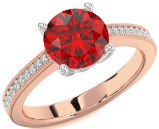 Diamond Ruby White Rose Gold Round Solitaire Pave Engagement Ring