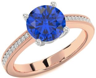 Diamond Blue Sapphire Platinum & Rose Gold Round Vintage Pave Engagement Ring