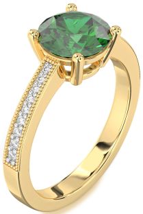 Diamond Emerald Gold Round Vintage Pave Engagement Ring