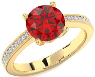 Diamond Ruby Gold Round Solitaire Pave Engagement Ring