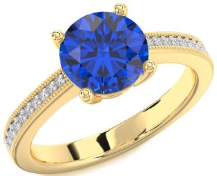 Diamond Blue Sapphire Gold Round Solitaire Pave Engagement Ring